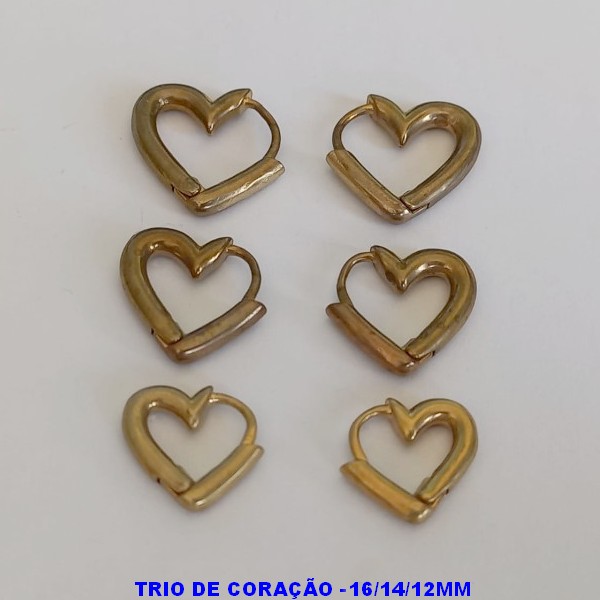 BRINCO NO BRUTO PRONTO PARA O BANHO TAMANHO 16/14//12MM TRIO DE CORAÇÃO DE PRESSÃO(TRANQUETA) PESO TOTAL 7.3GR - BRU7257
