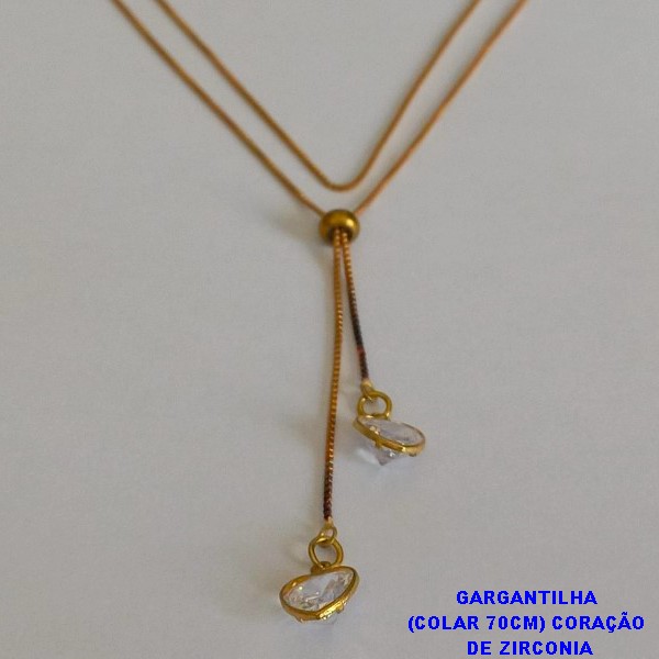 GARGANTILHA(COLAR )NO BRUTO PRONTO PARA O BANHO -(PESO 3,8GR) CORRENTE VENEZIANA (TIPO GRAVATINHA 70CM) COM DOIS CORAÇÃO 8X8MM EM ZIRCONIA - BRU1497A
