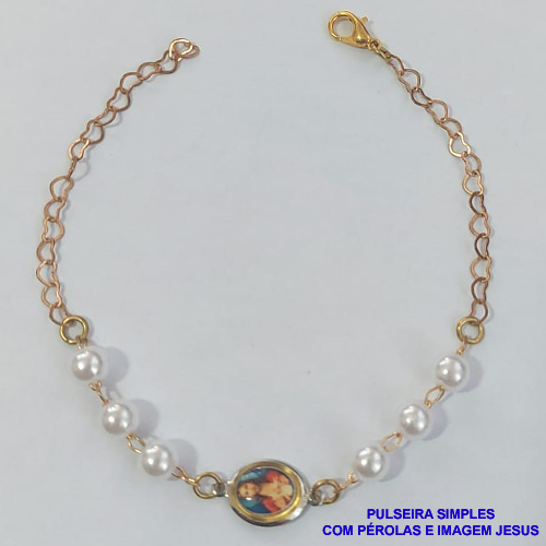 PULSEIRA NO BRUTO PRONTO PARA O BANHO(CX77) - PULSEIRA COM PÉROLAS E IMAGEM JESUS CRISTO - TAMANHO 18CM - PESO 1.9GR - BRU8882