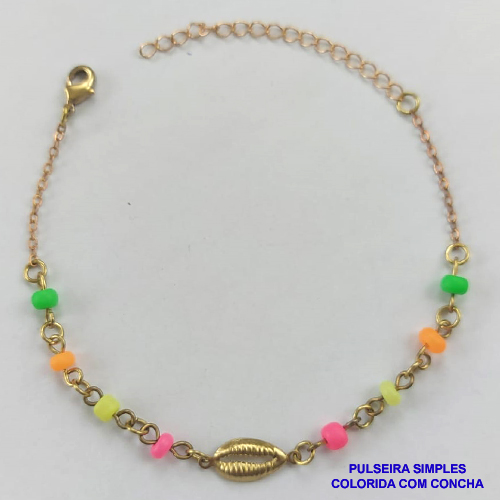 PULSEIRA NO BRUTO PRONTO PARA O BANHO - PULSEIRA COM MIÇANGAS COLORIDAS E CONCHA - TAMANHO 18CM - PESO 2,4GR - BRU8914