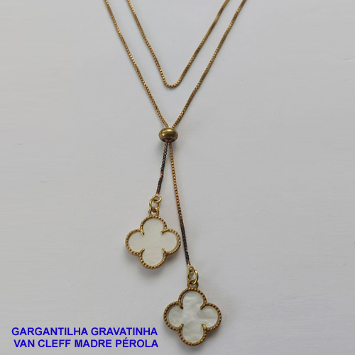 GARGANTILHA NO BRUTO PRONTO PARA O BANHO - COM CORRENTE VENEZIANA DE 70CM -" TIPO GRAVATINHA " - COM DUAS VAN CLEFF EM MADRE PÉROLA - PESO TOTAL 3,7GR - BRU8990