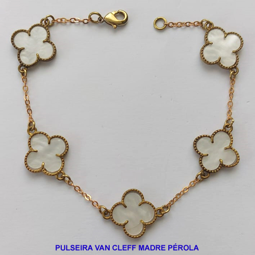 PULSEIRA NO BRUTO PRONTO PARA O BANHO (VAN CLEEF) - COM CORRENTE CADEADO TAMANHO 18CM - COM CINCO TREVO EM MADRE PÉROLA - PESO 4,4GR - BRU8992