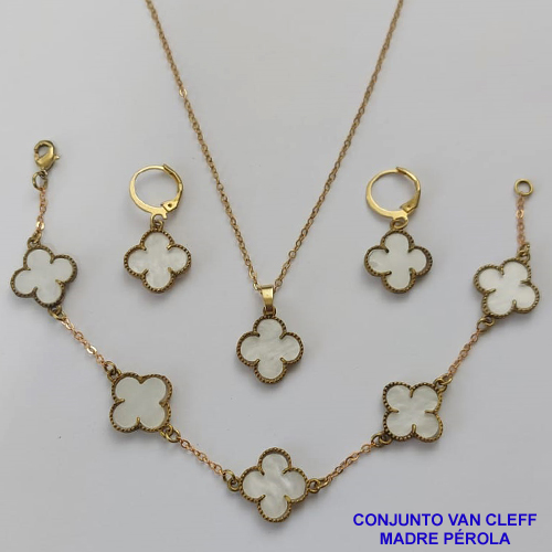 CONJUNTO NO BRUTO PRONTO PARA O BANHO - " VAN CLEEF " (GARGANTILHA/PULSEIRA E BRINCO) PINGENTE DE 14MM EM MADRE PÉROLA - PESO TOTAL 9GR - CORRENTE CADEADO E FECHO LAGOSTA BRU8993