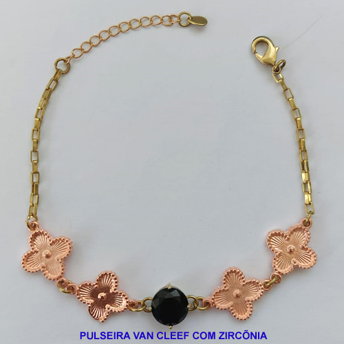 PULSEIRA NO BRUTO PRONTO PARA O BANHO - PULSEIRA TIJOLINHO COM 4 VAN CLEEF 14MM COM 1 ZIRCÔNIA PRETA E BASE EM ALTA FUSÃO  - TAMANHO 18CM - PESO 8GR COM EXTENSOR E FECHO LAGOSTA - BRU8998