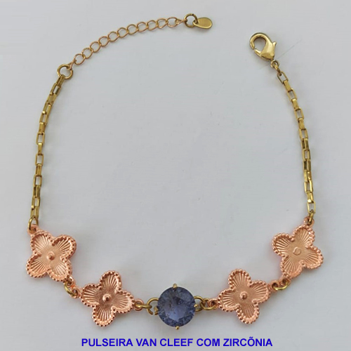PULSEIRA NO BRUTO PRONTO PARA O BANHO - PULSEIRA TIJOLINHO COM 4 VAN CLEEF 14MM COM 1 ZIRCÔNIA LILÁS E BASE EM ALTA FUSÃO  - TAMANHO 18CM - PESO 8GR COM EXTENSOR E FECHO LAGOSTA - BRU8999