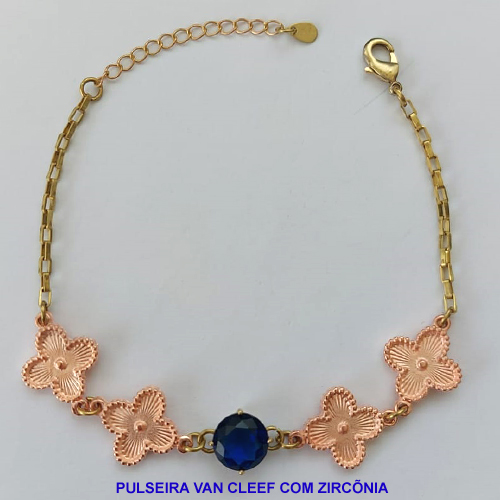 PULSEIRA NO BRUTO PRONTO PARA O BANHO - PULSEIRA TIJOLINHO COM 4 VAN CLEEF 14MM COM 1 ZIRCÔNIA AZUL ESCURA E BASE EM ALTA FUSÃO  - TAMANHO 18CM - PESO 8GR COM EXTENSOR E FECHO LAGOSTA - BRU9001
