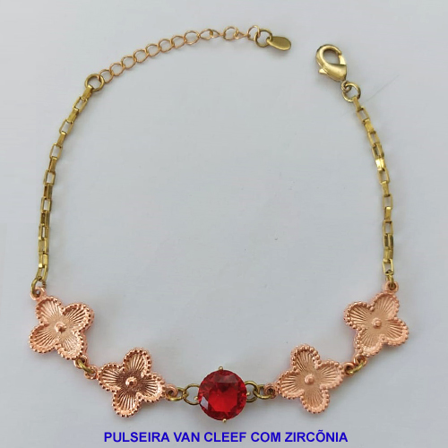 PULSEIRA NO BRUTO PRONTO PARA O BANHO - PULSEIRA TIJOLINHO COM 4 VAN CLEEF 14MM COM 1 ZIRCÔNIA VERMELHA E BASE EM ALTA FUSÃO  - TAMANHO 18CM - PESO 8GR COM EXTENSOR E FECHO LAGOSTA - BRU9003