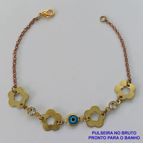 PULSEIRA NO BRUTO PRONTO PARA O BANHO(CX92) - PULSEIRA COM 4 FLORES E 1 OLHO GREGO  - TAMANHO 18CM - PESO 2,6GR  E FECHO LAGOSTA - BRU9005