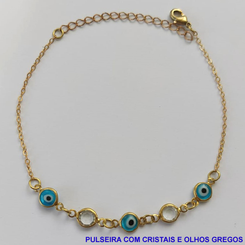 PULSEIRA NO BRUTO PRONTO PARA O BANHO(CX87) - PULSEIRA COM OLHOS GREGOS E CRISTAIS - TAMANHO 18CM - PESO 1.9GR - COM EXTENSOR E FECHO LAGOSTA BRU9042