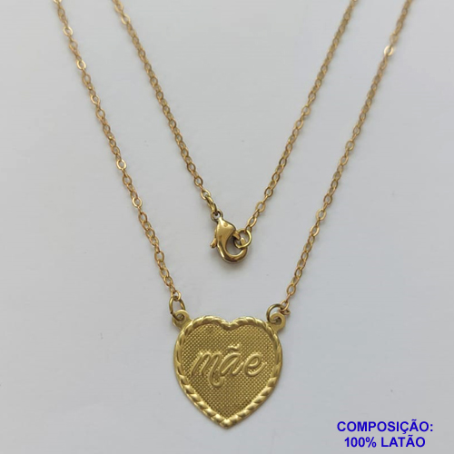 GARGANTILHA NO BRUTO PRONTO PARA O BANHO(CX86) COM CORRENTE CADEADO 45CM - (E2581) COM PINGENTE CORAÇÃO PALAVRA MÃE - TAMANHO 17X17MM - PESO 2,2GR  - BRU9058