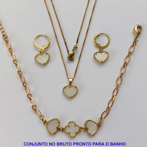 CONJUNTO NO BRUTO PRONTO PARA O BANHO - TIPO VAN CLEEF MADRE PÉROLA (GARGANTILHA/PULSEIRA E BRINCO) PINGENTE DE 11MM EM MADRE PÉROLA - PESO TOTAL 8GR - CORRENTE VENEZIANA E FECHO LAGOSTA BRU9092