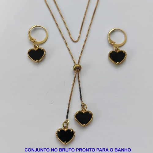 CONJUNTO NO BRUTO PRONTO PARA O BANHO - TIPO VAN CLEEF PRETA (GARGANTILHA TIPO GRAVATINHA E BRINCO) PINGENTE DE 11MM - PESO TOTAL 4,3GR - CORRENTE VENEZIANA E FECHO LAGOSTA BRU9094