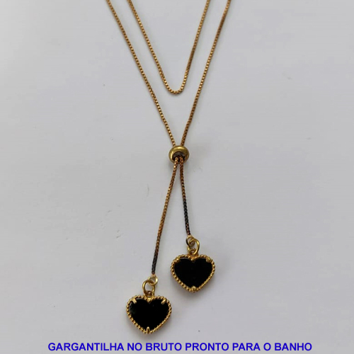 GARGANTILHA NO BRUTO PRONTO PARA O BANHO - COM CORRENTE VENEZIANA DE 70CM -" TIPO GRAVATINHA " AJUSTÁVEL - COM DUAS VAN CLEFF PRETAS - PESO TOTAL 3,3GR - BRU9095