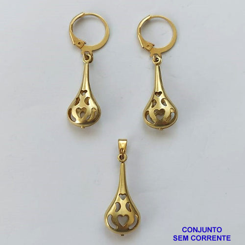 CONJUNTO NO BRUTO PRONTO PARA O BANHO - ARGOLINHA DE PRESSÃO TRANQUETA - (370) SEM CORRENTE - (PINGENTE E BRINCO) PINGENTE DE 20MM GOTA VAZADA - PESO TOTAL 2,7GR -  BRU9111