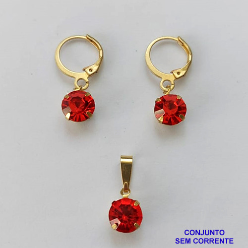 CONJUNTO NO BRUTO PRONTO PARA O BANHO - ARGOLINHA DE PRESSÃO TRANQUETA - (PINGENTE E BRINCO) PINGENTE DE 8MM PEDRA VERMELHA - PESO TOTAL 2.3GR -  BRU9113