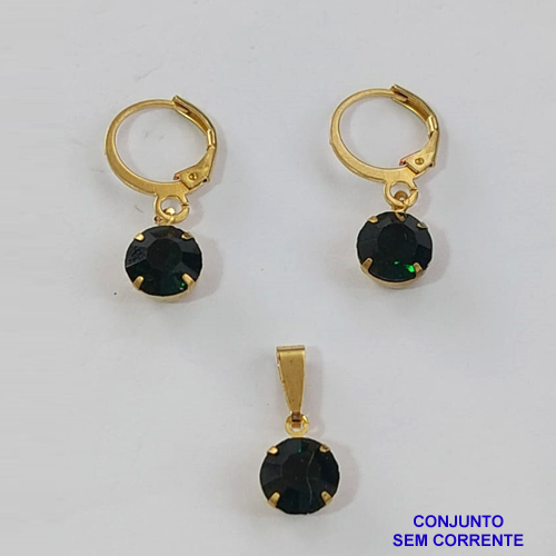 CONJUNTO NO BRUTO PRONTO PARA O BANHO - ARGOLINHA DE PRESSÃO TRANQUETA - (PINGENTE E BRINCO) PINGENTE DE 8MM PEDRA VERDE - PESO TOTAL 2.3GR -  BRU9114