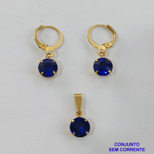 CONJUNTO NO BRUTO PRONTO PARA O BANHO - ARGOLINHA DE PRESSÃO TRANQUETA - (PINGENTE E BRINCO) PINGENTE DE 8MM PEDRA AZUL - PESO TOTAL 2.3GR -  BRU9115