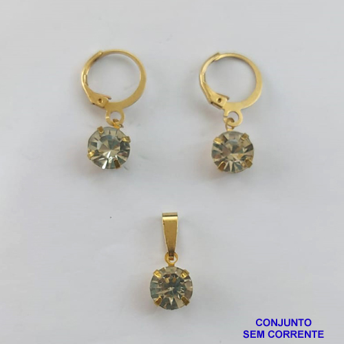 CONJUNTO NO BRUTO PRONTO PARA O BANHO - ARGOLINHA DE PRESSÃO TRANQUETA - (PINGENTE E BRINCO) PINGENTE DE 8MM PEDRA CRISTAL - PESO TOTAL 2.3GR -  BRU9116