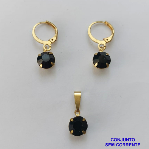 CONJUNTO NO BRUTO PRONTO PARA O BANHO - ARGOLINHA DE PRESSÃO TRANQUETA - (PINGENTE E BRINCO) PINGENTE DE 8MM PEDRA PRETA - PESO TOTAL 2.3GR -  BRU9117