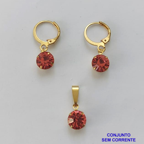 CONJUNTO NO BRUTO PRONTO PARA O BANHO - ARGOLINHA DE PRESSÃO TRANQUETA - (PINGENTE E BRINCO) PINGENTE DE 8MM PEDRA ROSA - PESO TOTAL 2.3GR -  BRU9118