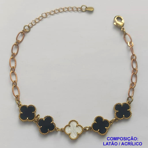 PULSEIRA NO BRUTO PRONTO PARA O BANHO -  PULSEIRA FEMININA COM 5 PINGENTES TIPO VAN CLEEF 11MM COM UM EM MADRE PÉROLA- TAMANHO 18CM COM EXTENSOR E FECHO LAGOSTA - PESO 4,6GR - BRU9126