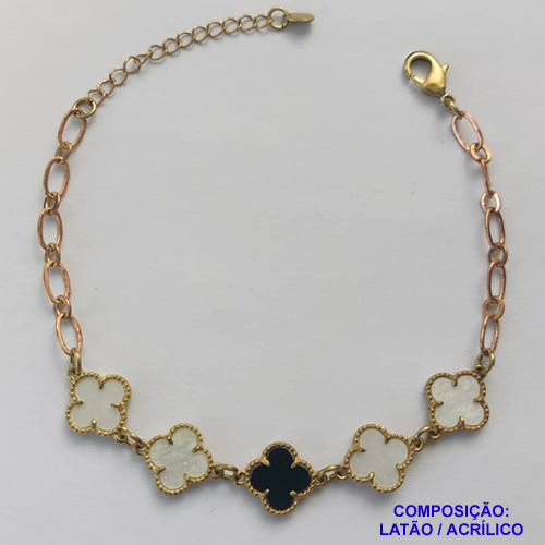 PULSEIRA NO BRUTO PRONTO PARA O BANHO -  PULSEIRA FEMININA COM 5 PINGENTES TIPO VAN CLEEF 11MM COM 4 EM MADRE PÉROLA- TAMANHO 18CM COM EXTENSOR E FECHO LAGOSTA - PESO 4,6GR - BRU9127