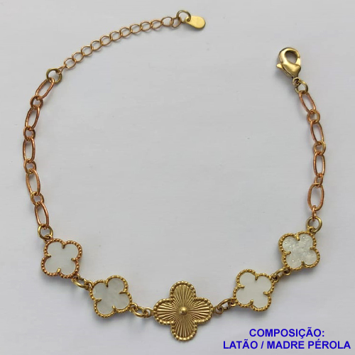 PULSEIRA NO BRUTO PRONTO PARA O BANHO -  PULSEIRA FEMININA COM 4 PINGENTES TIPO VAN CLEEF 11MM COM 1 DE 14MM- TAMANHO 18CM COM EXTENSOR E FECHO LAGOSTA - PESO 4,5GR - BRU9130