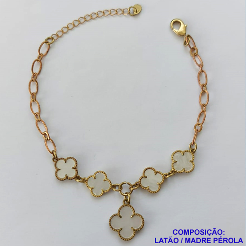 PULSEIRA NO BRUTO PRONTO PARA O BANHO -  PULSEIRA FEMININA COM 4 PINGENTES TIPO VAN CLEEF 11MM E 1 DE 15MM - TAMANHO 18CM COM EXTENSOR E FECHO LAGOSTA COMPOSIÇÃO: LATÃO / MADRE PÉROLA - PESO 8,5GR - BRU9147