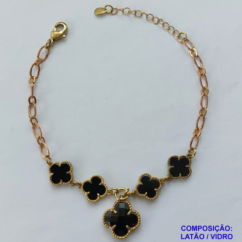 PULSEIRA NO BRUTO PRONTO PARA O BANHO -  PULSEIRA FEMININA COM 4 PINGENTES TIPO VAN CLEEF 11MM E 1 DE 15MM EM VIDRO - TAMANHO 18CM COM EXTENSOR E FECHO LAGOSTA COMPOSIÇÃO: LATÃO / VIDRO - PESO 6,3GR - BRU9151
