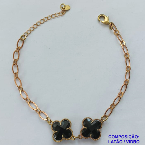 PULSEIRA NO BRUTO PRONTO PARA O BANHO -  PULSEIRA FEMININA COM 2 PINGENTES TIPO VAN CLEEF 15MM EM VIDRO - TAMANHO 18CM COM EXTENSOR E FECHO LAGOSTA COMPOSIÇÃO: LATÃO / VIDRO - PESO 5,2GR - BRU9153