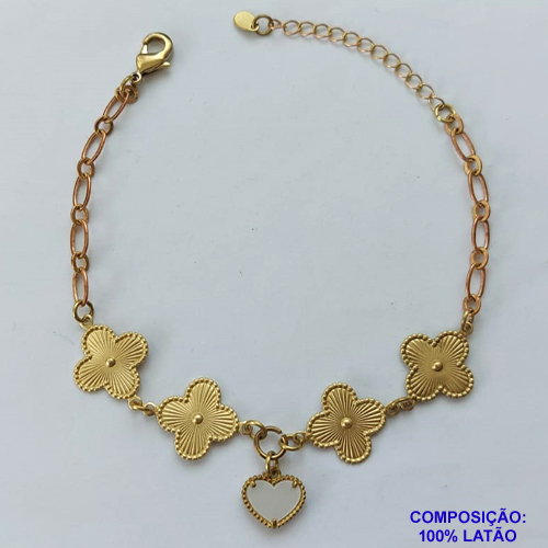 PULSEIRA NO BRUTO PRONTO PARA O BANHO -  PULSEIRA FEMININA COM 4 PINGENTES TIPO VAN CLEEF 15MM COM PINGENTE EM CORAÇÃO - TAMANHO 18CM COM EXTENSOR E FECHO LAGOSTA COMPOSIÇÃO: LATÃO / VIDRO - PESO 4,6GR - BRU9154