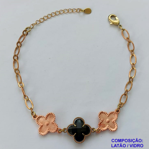 PULSEIRA NO BRUTO PRONTO PARA O BANHO -  PULSEIRA FEMININA COM 2 PINGENTES TIPO VAN CLEEF 15MM E 1 EM VIDRO - TAMANHO 18CM COM EXTENSOR E FECHO LAGOSTA COMPOSIÇÃO: LATÃO / VIDRO - PESO 5,9GR - BRU9155