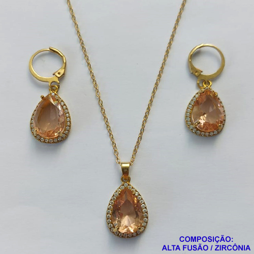 CONJUNTO NO BRUTO PRONTO PARA O BANHO COM CORRENTE CADEADO DE 45CM - PINGENTE BRINCO COM BASE ALTA FUSÃO CRAVEJADO COM ZIRCONIA 10X14MM MARROM - PESO TOTAL 9GR - BRU9158