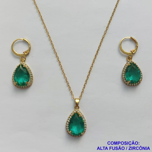CONJUNTO NO BRUTO PRONTO PARA O BANHO COM CORRENTE CADEADO DE 45CM - PINGENTE BRINCO COM BASE ALTA FUSÃO CRAVEJADO COM ZIRCONIA 10X14MM VERDE - PESO TOTAL 9GR - BRU9159
