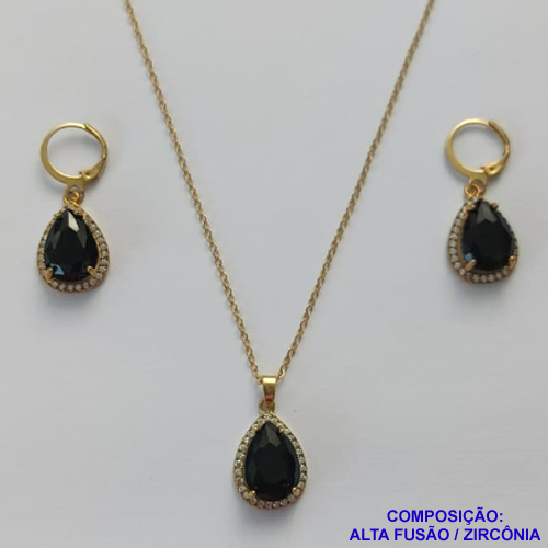 CONJUNTO NO BRUTO PRONTO PARA O BANHO COM CORRENTE CADEADO DE 45CM - PINGENTE BRINCO COM BASE ALTA FUSÃO CRAVEJADO COM ZIRCONIA 10X14MM PRETA - PESO TOTAL 9GR - BRU9160