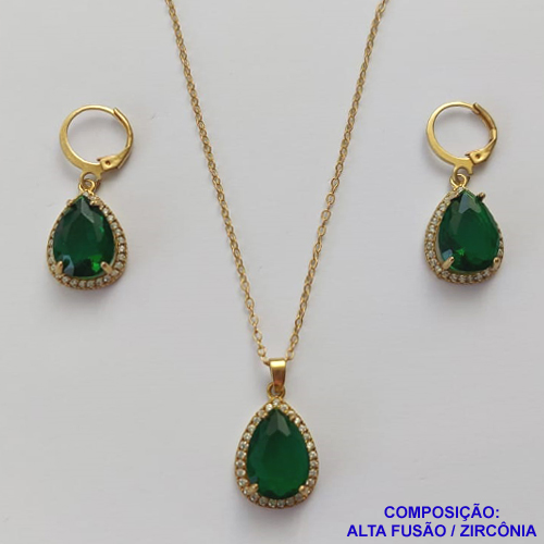 CONJUNTO NO BRUTO PRONTO PARA O BANHO COM CORRENTE CADEADO DE 45CM - PINGENTE BRINCO COM BASE ALTA FUSÃO CRAVEJADO COM ZIRCONIA 10X14MM VERDE ESCURA - PESO TOTAL 9GR - BRU9162