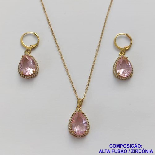 CONJUNTO NO BRUTO PRONTO PARA O BANHO COM CORRENTE CADEADO DE 45CM - PINGENTE BRINCO COM BASE ALTA FUSÃO CRAVEJADO COM ZIRCONIA 10X14MM ROSA - PESO TOTAL 9GR - BRU9163