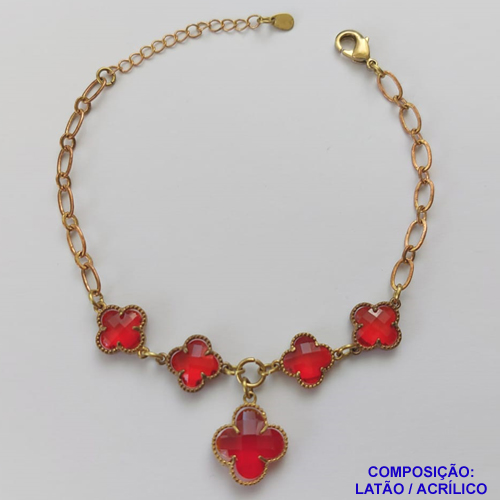 PULSEIRA NO BRUTO PRONTO PARA O BANHO -  PULSEIRA FEMININA COM 4 PINGENTES TIPO VAN CLEEF 11MM E 1 EM 15MM - TAMANHO 18CM COM EXTENSOR E FECHO LAGOSTA COMPOSIÇÃO: LATÃO / VIDRO - PESO 6,5GR - BRU9166