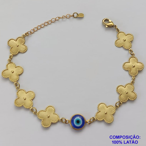 PULSEIRA NO BRUTO PRONTO PARA O BANHO - PULSEIRA FEMININA OLHO GREGO COM 8 PINGENTES TIPO VAN CLEEF 15MM - TAMANHO 18CM COM EXTENSOR E FECHO LAGOSTA COMPOSIÇÃO: LATÃO - PESO 5,4GR - BRU9174