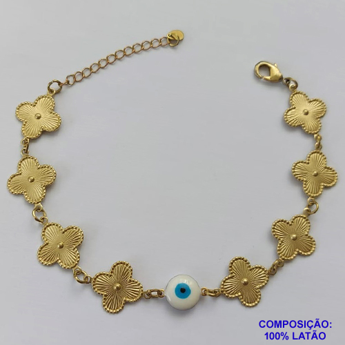 PULSEIRA NO BRUTO PRONTO PARA O BANHO - PULSEIRA FEMININA OLHO GREGO COM 8 PINGENTES TIPO VAN CLEEF 15MM - TAMANHO 18CM COM EXTENSOR E FECHO LAGOSTA COMPOSIÇÃO: LATÃO - PESO 5GR - BRU9175