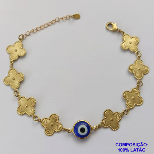PULSEIRA NO BRUTO PRONTO PARA O BANHO - PULSEIRA FEMININA OLHO GREGO COM 8 PINGENTES TIPO VAN CLEEF 15MM - TAMANHO 18CM COM EXTENSOR E FECHO LAGOSTA COMPOSIÇÃO: LATÃO - PESO 5,5GR - BRU9176