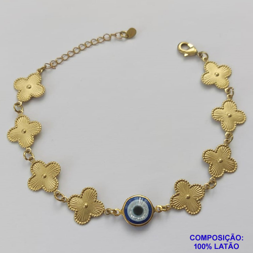 PULSEIRA NO BRUTO PRONTO PARA O BANHO - PULSEIRA FEMININA OLHO GREGO COM 8 PINGENTES TIPO VAN CLEEF 15MM - TAMANHO 18CM COM EXTENSOR E FECHO LAGOSTA COMPOSIÇÃO: LATÃO - PESO 5,5GR - BRU9177