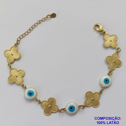 PULSEIRA NO BRUTO PRONTO PARA O BANHO - PULSEIRA FEMININA COM 3 OLHOS GREGOS E 6 PINGENTES TIPO VAN CLEEF 15MM - TAMANHO 18CM COM EXTENSOR E FECHO LAGOSTA COMPOSIÇÃO: LATÃO - PESO 5,4GR - BRU9178