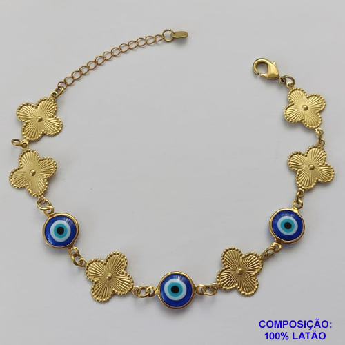 PULSEIRA NO BRUTO PRONTO PARA O BANHO - PULSEIRA FEMININA COM 3 OLHOS GREGOS E 6 PINGENTES TIPO VAN CLEEF 15MM - TAMANHO 18CM COM EXTENSOR E FECHO LAGOSTA COMPOSIÇÃO: LATÃO - PESO 5GR - BRU9179
