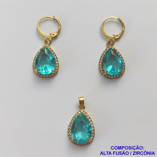 CONJUNTO NO BRUTO PRONTO PARA O BANHO "SEM CORRENTE" - PINGENTE BRINCO COM BASE ALTA FUSÃO CRAVEJADO COM ZIRCONIA 10X14MM AZUL CLARA - PESO TOTAL 7,2GR - BRU9180
