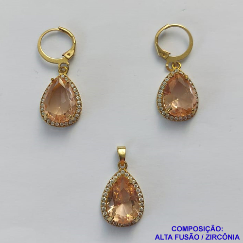 CONJUNTO NO BRUTO PRONTO PARA O BANHO "SEM CORRENTE" - PINGENTE BRINCO COM BASE ALTA FUSÃO CRAVEJADO COM ZIRCONIA 10X14MM MARROM CLARA - PESO TOTAL 7,2GR - BRU9182