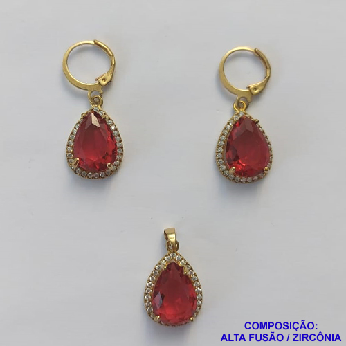 CONJUNTO NO BRUTO PRONTO PARA O BANHO "SEM CORRENTE" - PINGENTE BRINCO COM BASE ALTA FUSÃO CRAVEJADO COM ZIRCONIA 10X14MM VERMELHA - PESO TOTAL 7,2GR - BRU9183