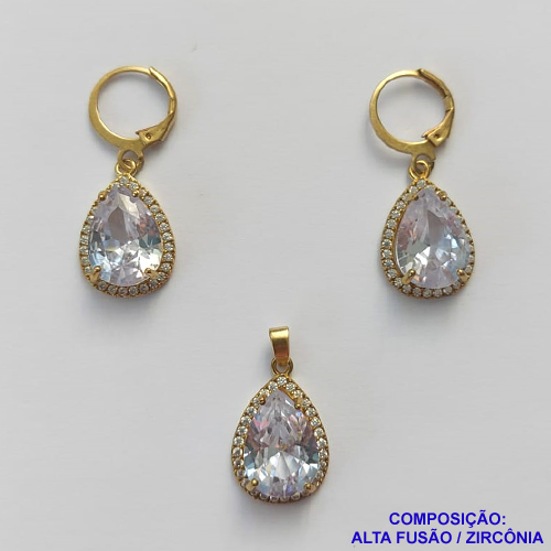 CONJUNTO NO BRUTO PRONTO PARA O BANHO "SEM CORRENTE" - PINGENTE BRINCO COM BASE ALTA FUSÃO CRAVEJADO COM ZIRCONIA 10X14MM CRISTAL - PESO TOTAL 7,2GR - BRU9184