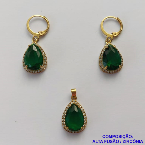 CONJUNTO NO BRUTO PRONTO PARA O BANHO "SEM CORRENTE" - PINGENTE BRINCO COM BASE ALTA FUSÃO CRAVEJADO COM ZIRCONIA 10X14MM VERDE ESCURA - PESO TOTAL 7,2GR - BRU9185
