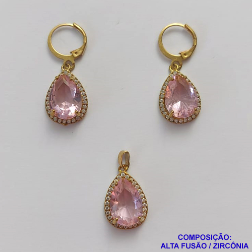CONJUNTO NO BRUTO PRONTO PARA O BANHO "SEM CORRENTE" - PINGENTE BRINCO COM BASE ALTA FUSÃO CRAVEJADO COM ZIRCONIA 10X14MM ROSA - PESO TOTAL 7,2GR - BRU9186